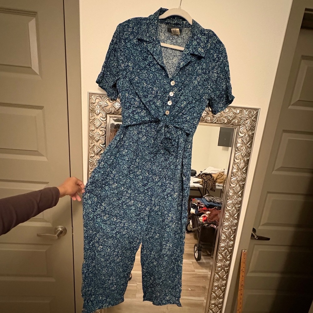 Molly Malloy Vintage Floral Jumpsuit Blue Teal Rayon Wide Leg Cottagecore 12 g5